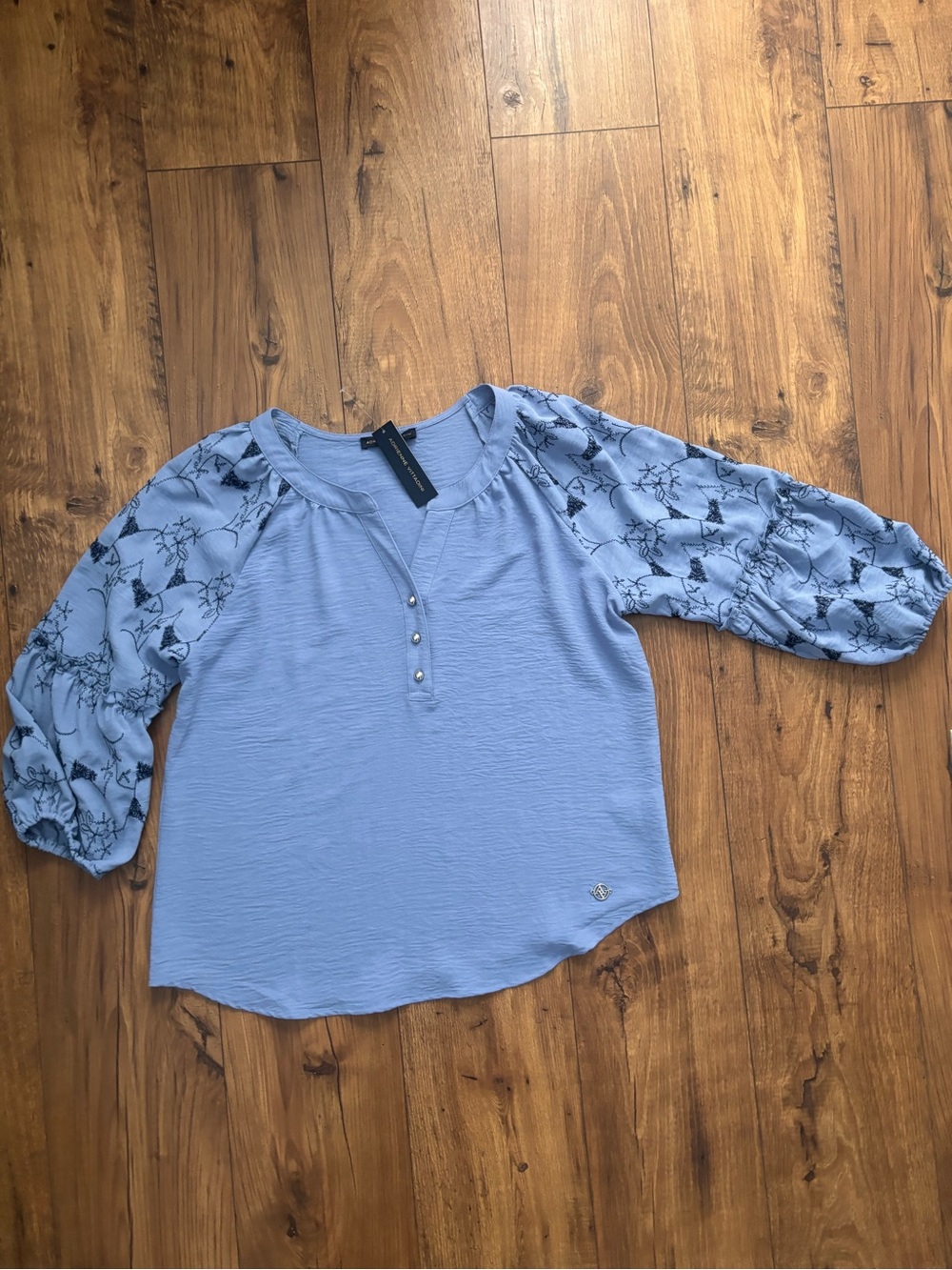 Adrienne Vittadini Light Blue Henley Blouse with Navy Floral Puff Sleeves